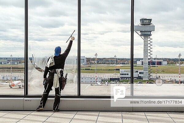 Final cleaning work at the new Berlin Brandenburg BER Willy Brandt Airport Terminal 1 in Berlin  Germany  Europe