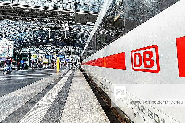 DB Logo Deutsche Bahn ICE 4 train at Berlin central railway station Hbf station in Berlin  Germany  Europe