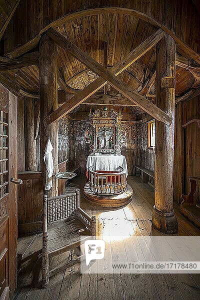 Interior and altar of the Urnes Stave Church  Romanesque church from ca. 1130  Celtic art with Viking traditions and Romanesque building forms  Vestland  Norway  Europe