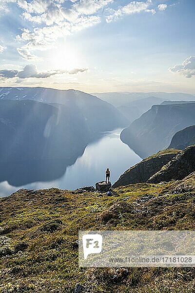Hiker at the top of Mount Prest  Aurlandsfjord  Aurland  Norway  Europe