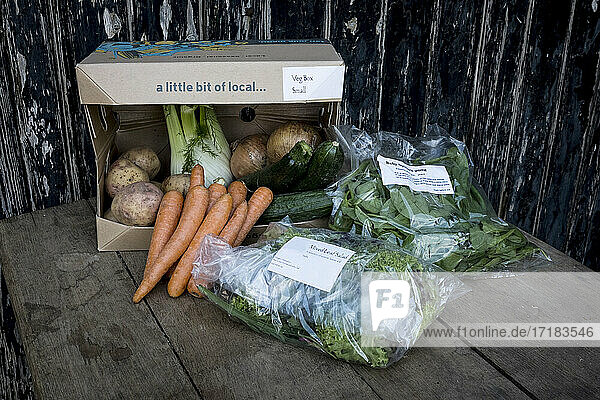 Close up of an organic vegetable box with a selection of fresh produce.