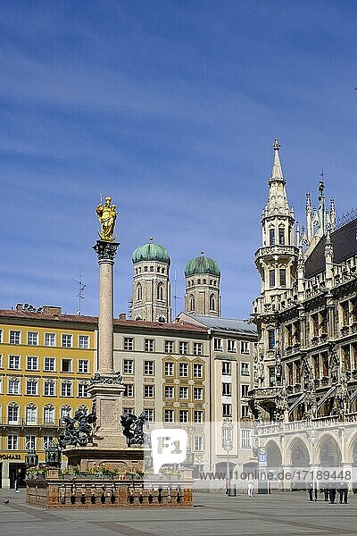 St. Mary's Column and Church Towers of the Church of Our Lady  Marienplatz  Munich  Bavaria  Germany  Europe