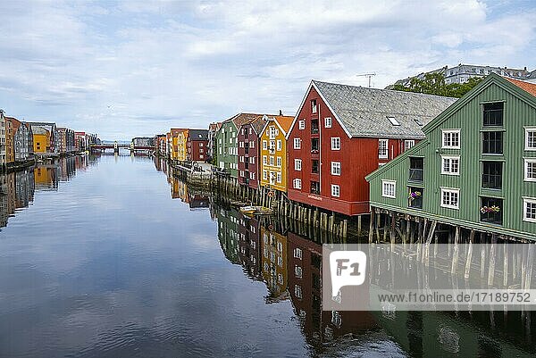 Farbenfrohe historische Speicherhäuser am Fluss Nidelva  Trondheim  Trøndelag  Norwegen  Europa