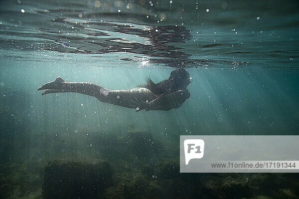Weibchen schwimmt knapp unter der Oberfläche im klaren blauen Wasser von Hawaii