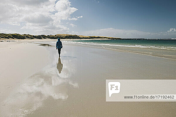 Frau  die allein am Strand spazieren geht  während die Flut nach Sonnenaufgang zurückgeht  Port Fairy  Victoria  Australien