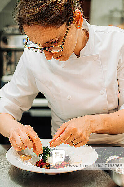 Michelin chef decorating food on plate while working in restaurant