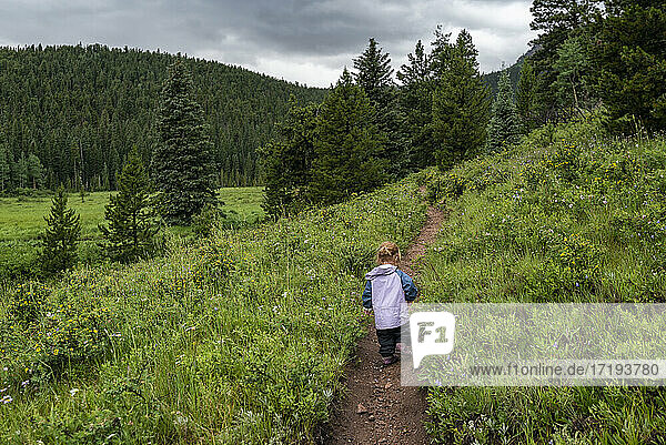 Girl hiking on a trail in the Mountains  Colorado