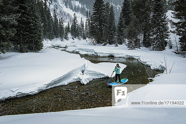 Frau beim Stand Up Paddleboarding auf einem Fluss inmitten eines schneebedeckten Feldes