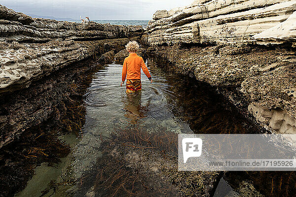 Small child walking in large tide pool in New Zealand