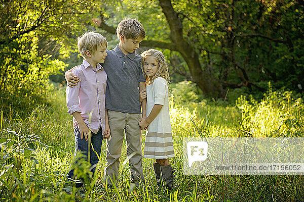 Drei liebevolle blonde Kinder stehen zusammen auf einer goldenen Wiese