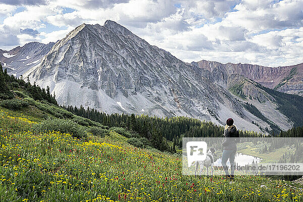 Weibliche Wanderin mit Hund betrachtet die Aussicht von einem Berg gegen den bewölkten Himmel