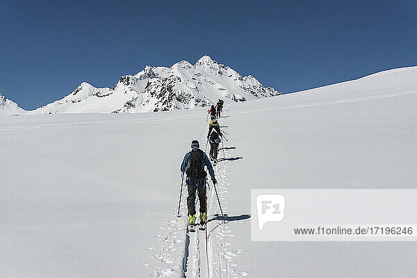 Rear view of males and females with splitboards walking on snow covered mountain against clear sky