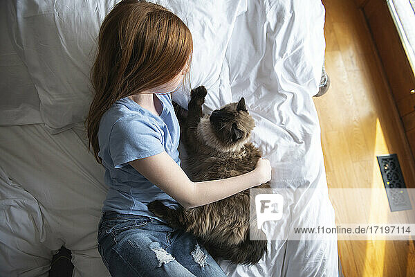 Junges glückliches rothaariges blauäugiges Mädchen auf weißem Bett mit Katze liegend.