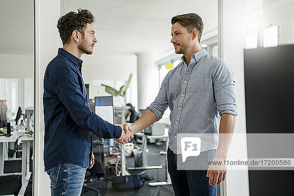 Handsome business people shaking hands in office