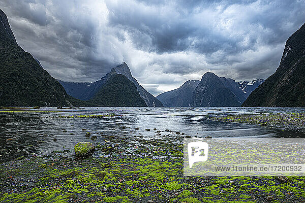 New Zealand  Fiordland  Storm clouds over scenic coastline of Milford Sound