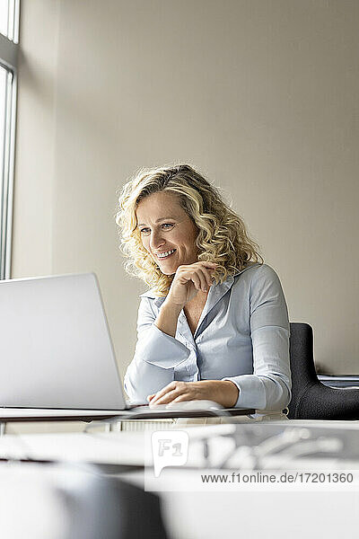 Lächelnde Unternehmerin  die im Büro sitzend einen Laptop betrachtet