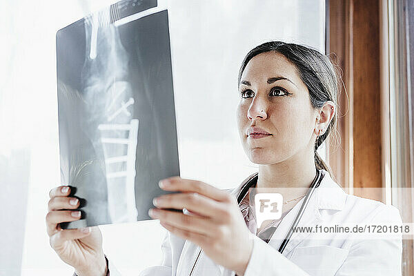 Ärztin betrachtet Knochenscan im Krankenhaus