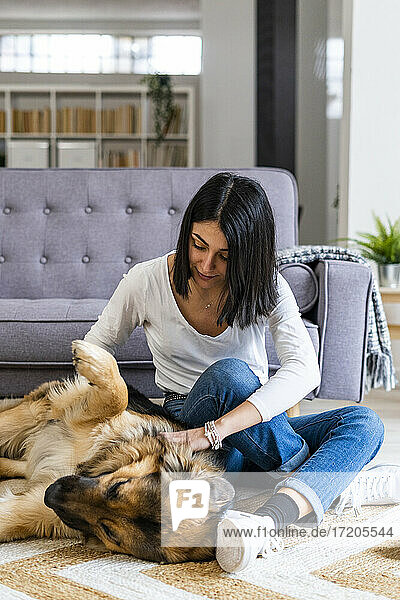 Verspielte junge Frau  die mit ihrem Hund spielt  während sie zu Hause auf dem Teppich sitzt