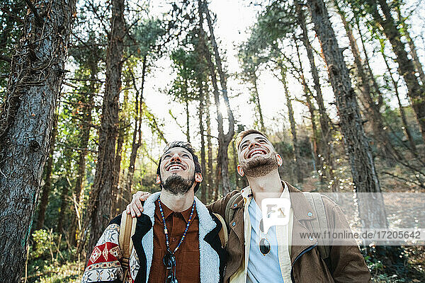 Cheerful gay couple looking up while hiking in forest during vacations
