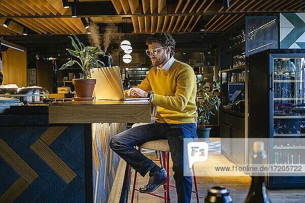 Geschäftsmann  der einen Laptop benutzt  während er auf dem Sitz am Tresen eines Cafés sitzt