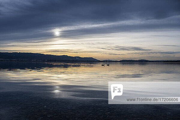 Germany  Baden Wuerttemberg  Radolfzell  Moody sky reflection in Lake Constance