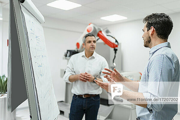 Young male engineer explaining business plans to mature entrepreneur at white board in factory