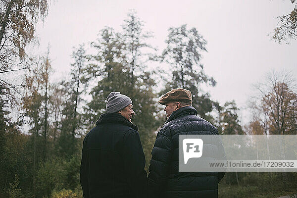 Rear view of homosexual couple in forest