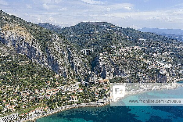 Aerial view of Menton  district Garavan at the border to Italy with the two border crossings and the motorway A8 La Provencale  department Alpes-Maritimes  region Provence-Alpes-Cote d'Azur  South of France  France  Europe