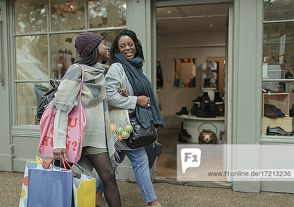 Glückliche Mutter und Tochter mit Einkaufstaschen zu Fuß Arm in Arm