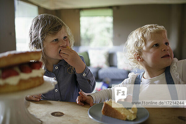 Cute sisters eating strawberry cake at dining table