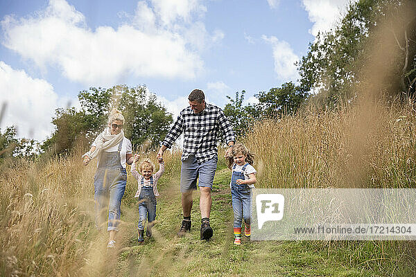 Glückliche Familie hält Hände laufen in sonnigen ländlichen Feld