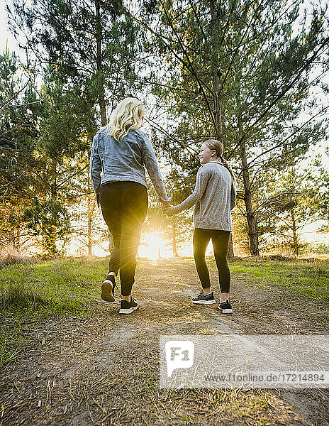 Vereinigte Staaten  Kalifornien  Cambria  Rückansicht von Mutter und Tochter (12-13)  die sich an den Händen halten und in einer Landschaft bei Sonnenuntergang spazieren gehen