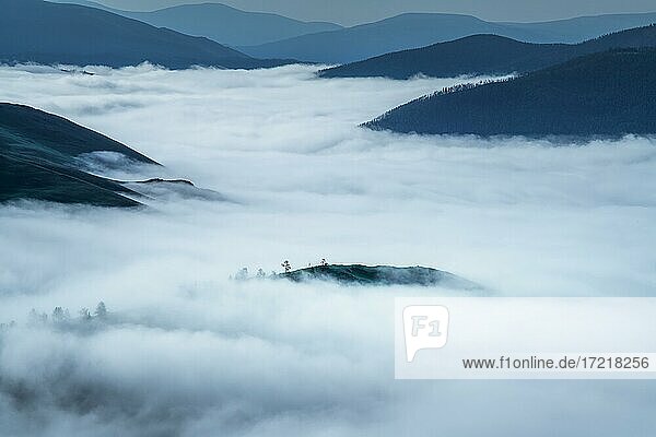Fog in Orkhon river valley in the morning  Arkhangai province  Mongolia  Asia