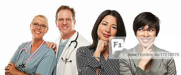 Attractive hispanic mother and daughter with doctor and nurse isolated on a white background