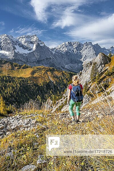 Wanderin auf Wanderweg in den Bergen  Wanderung zum Hahnkampl  links Gipfel der Spitzkarspitze  Alpenpark Karwendel  Tirol  Österreich  Europa