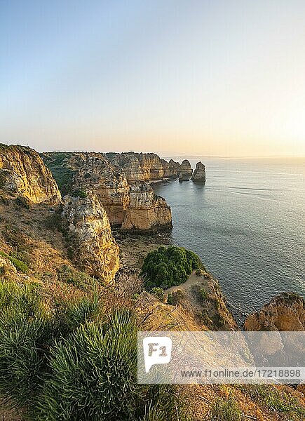 Schroffe Felsenküste mit Klippen aus Sandstein  Felsformationen im Meer  erstes Morgenlicht bei Sonnenaufgang  Ponta da Piedade  Algarve  Lagos  Portugal  Europa