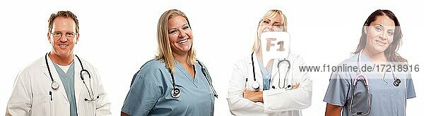 Arzt und Ärztinnen oder Krankenpfleger und Krankenschwestern vor weißem Hintergrund