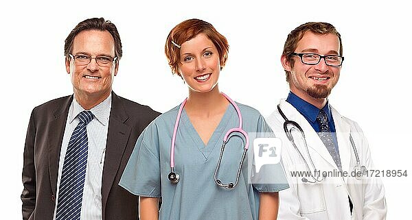 Small group of doctors or nurses and businessman isolated on a white background