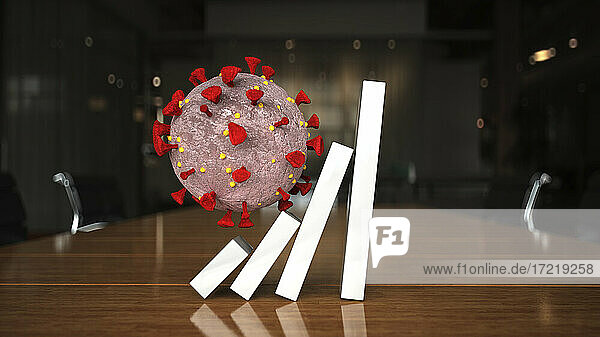 Dreidimensionales Rendering einer Coronavirus-Zelle  die Dominosteine verschiebt  die eine eskalierende Krise darstellen