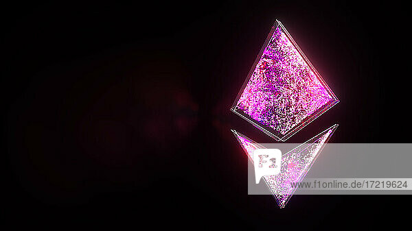 Dreidimensionales Rendering des rosa leuchtenden Ethereum-Logos