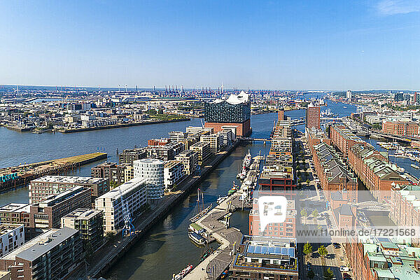 Cityscape with Hafencity  Speicherstadt and Elbphilharmonie  Hamburg  Germany