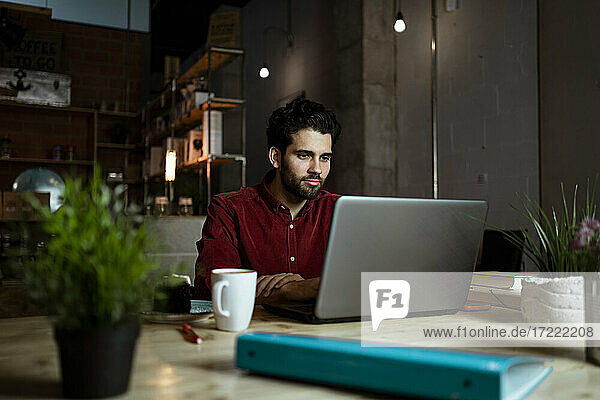 Mid adult male freelancer with coffee cup working on laptop in cafe