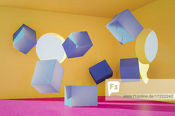 3D-Rendering  Blaue Boxen schweben in gelbem Raum mit rosa Boden