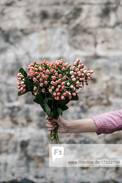 Frau hält einen Strauß Hypericum-Blüten vor einer Mauer