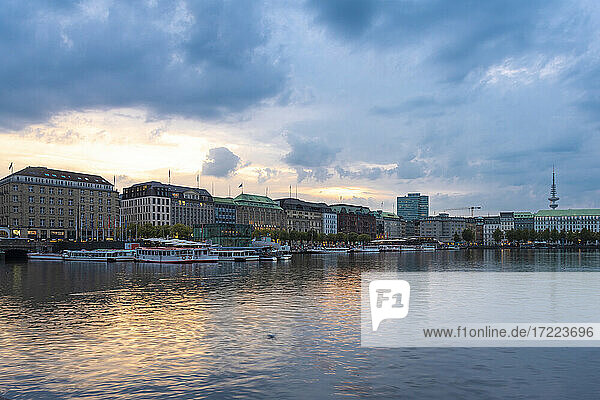 Cityscape with Binnenalster at sunset  Hamburg  Germany