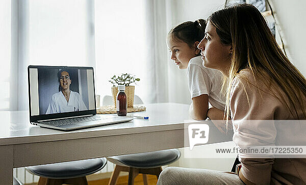 Mädchen und Frau hören einer Kinderärztin bei einem Videogespräch über einen Laptop zu Hause zu