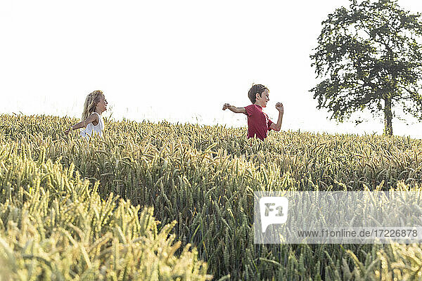 Smiling boy running in front of sister in green field during sunset