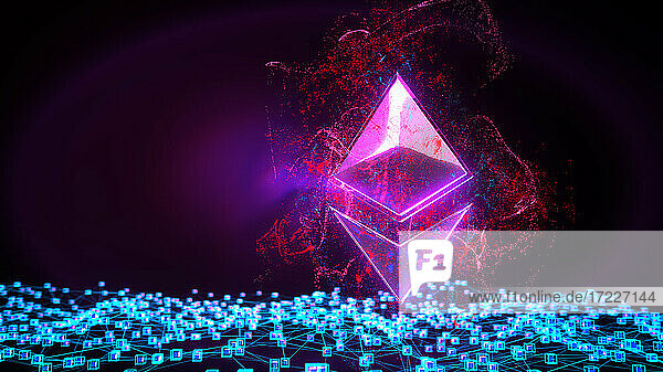 Dreidimensionales Rendering eines Computernetzwerks und rosa leuchtendes Ethereum-Logo