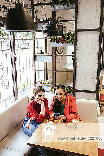 Lächelnde Frau  die ein Smartphone benutzt  während sie neben einer Freundin mit der Hand am Kinn in einem Café sitzt