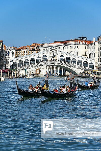 Gondola with tourists on the Grand Canal  Rialto Bridge  Venice  Veneto  Italy  Europe